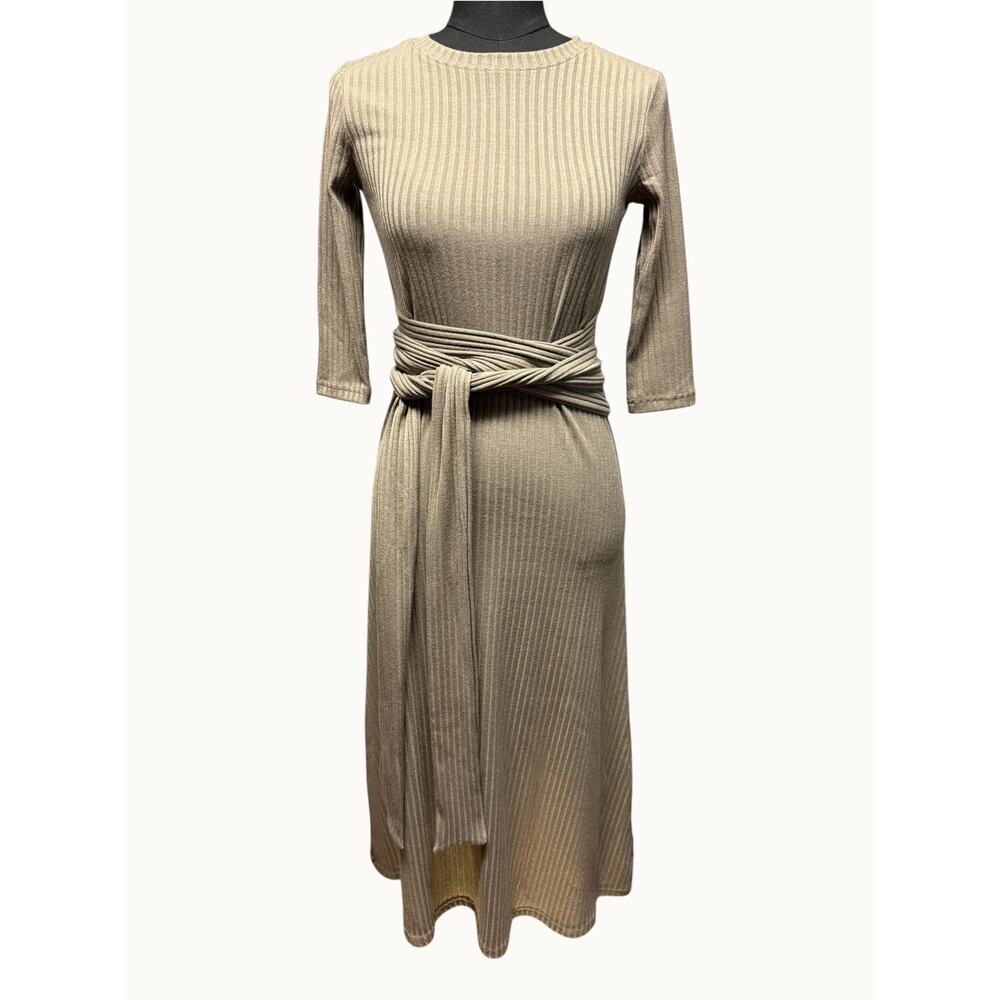 Yakira Bella Sarah Dress XS Mocha Ribbed Knit 3/4 Sleeve Tie Waist Midi